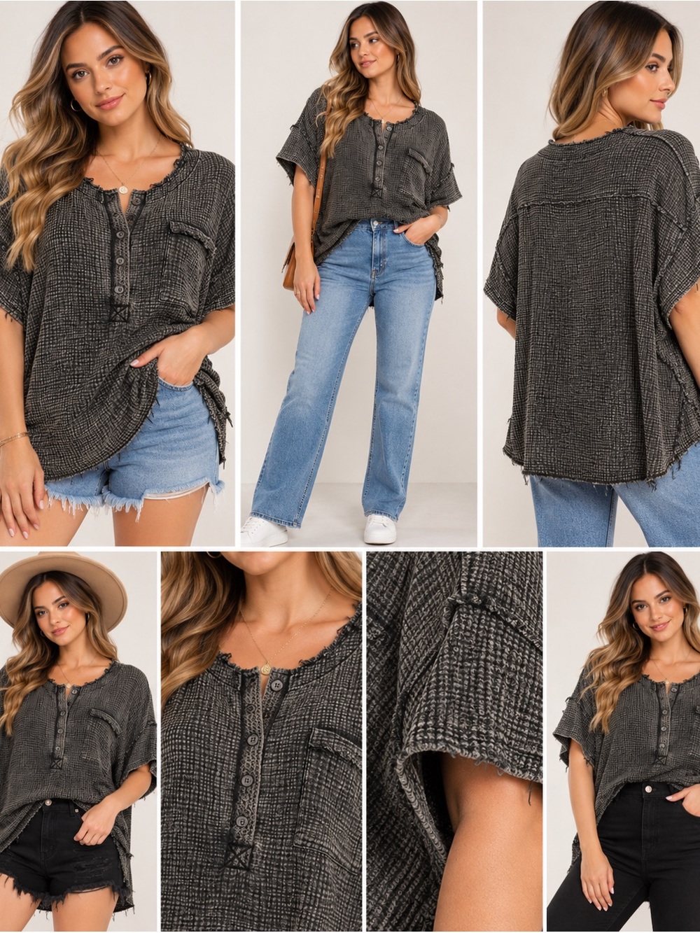 ZENANA Washed Black Waffle Knit Oversized Henley Top L/XL NWT